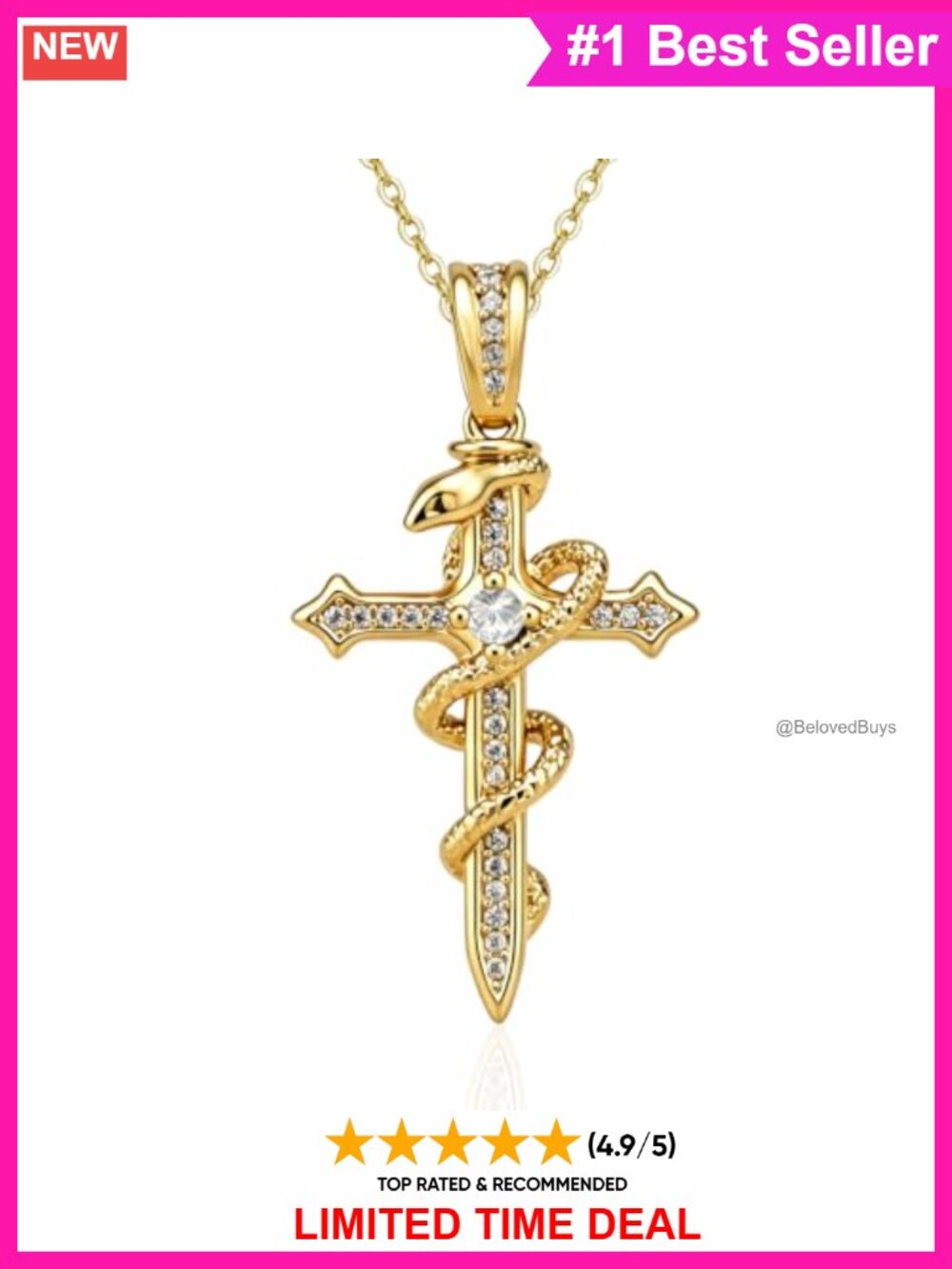 HeartMelody 18K Gold Plated Gothic Snake Cross Necklace with Amethyst